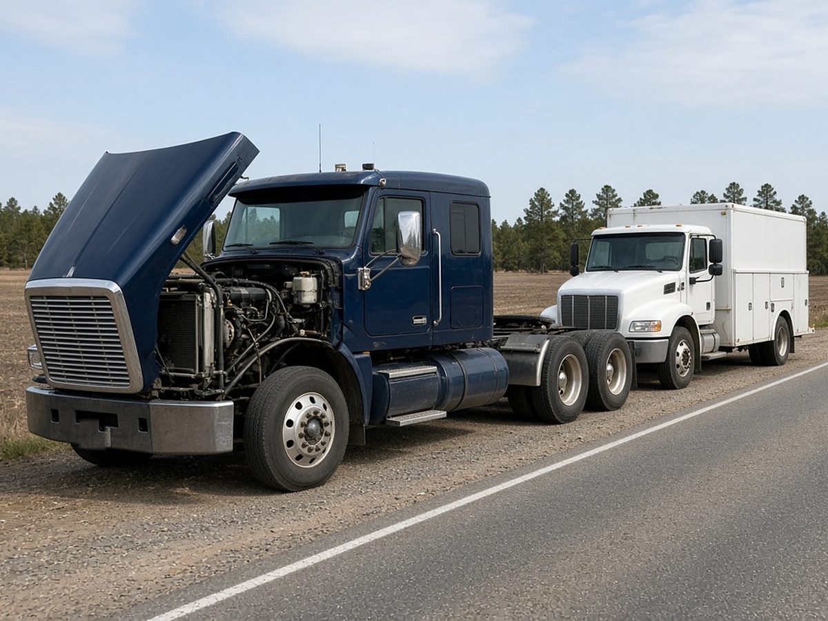 Mobile service truck parked behind a semi tractor with its hood open on a highway shoulder near Alexis, NC