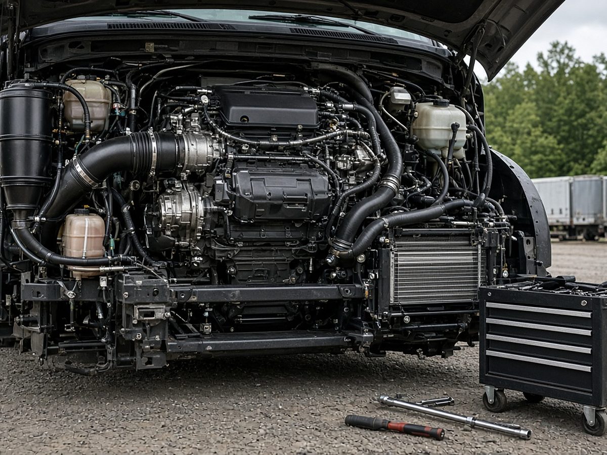 Open engine bay on a commercial truck during mobile repair at a fleet yard in Alexis, NC