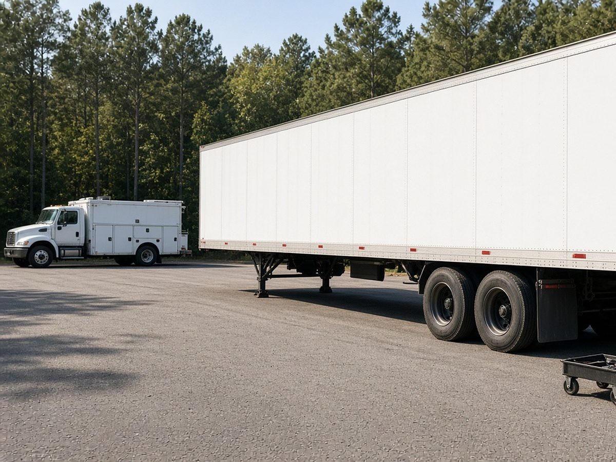 Mobile service truck on site with a tool cart at a semi trailer's tandem axle in Alexis, NC